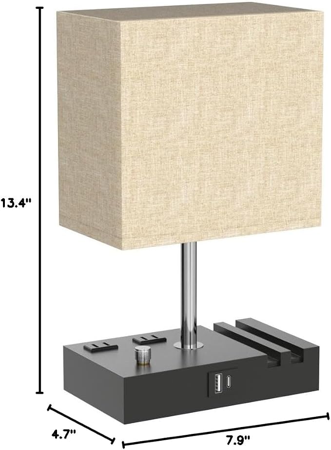 Beige Table Lamp for Bedroom - Stepless Dimmable, USB C+A, 2 AC Outlets | Dimming By Rotary Knob, USB C+A Ports, 2 Phone Stands, LED Bulbs Included, Rectangle Beige Lampshade, for Living Room, Desk - Image 8
