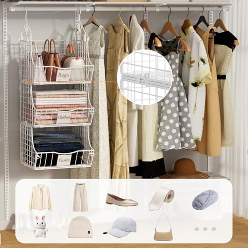 Hanging Closet Organizers and Storage, 3 Tier Closet Shelf Clothes Organizer with 2 S-Hooks, Multi-Functional Iron Wire Baskets, for Clothing, Sweaters, Handbags, Hat, Canned - Image 3