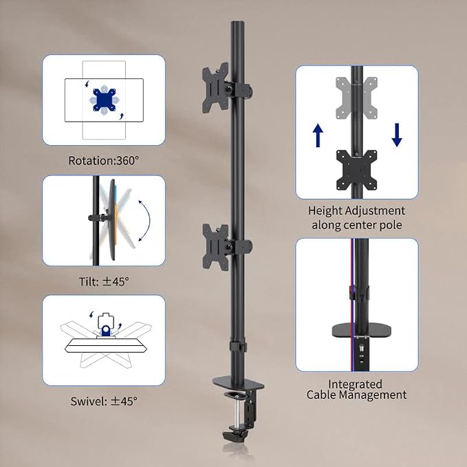 Pholiten Tall Vertically Stacked Dual Monitor Desk Mount Stand | Extra Tall 31 Inch Monitor Stand, Fully Adjustable Monitor arm for 13-32 Inch LCD Screen, Holds up to 22lbs - Image 3