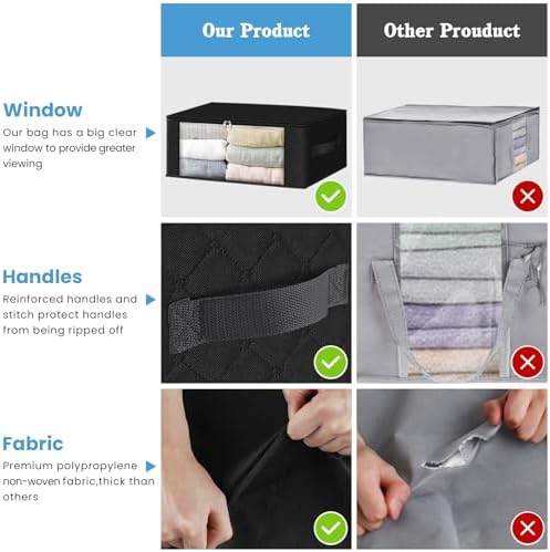 HomeHacks 6-Pack Clothes Organizer Storage Bags Foldable Storage Box with Large Clear Window Sturdy Handles for Closet, Dorm, Pillows, Bedding, Clothes, Stuffed Toys, Blankets, 35L, Black | Foldable Storage Box Container with Zippers, Clear Window, Rei... - Image 4