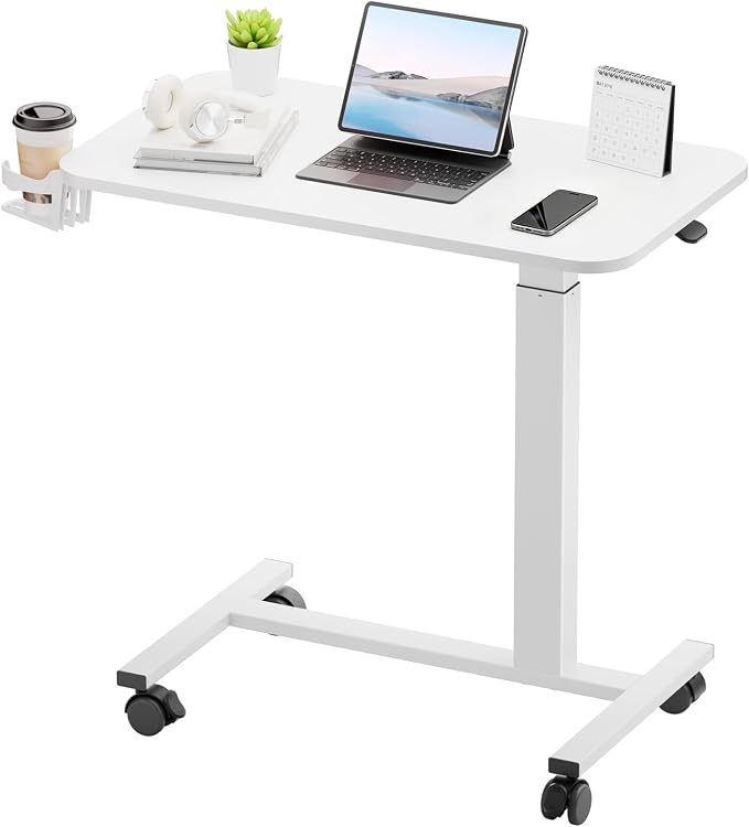 GTPLAYER Small Standing Desk with Wheels, Pneumatic Mobile Rolling Laptop Desk, Adjustable Height Overbed Bedside Table Computer Workstation for Home Office (28" W x 16" D, White) by GTPLAYER