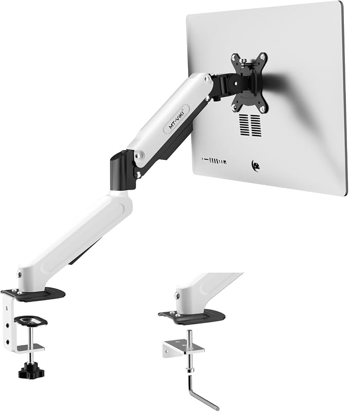 MT-VIKI Single Monitor Arm for 17"-32" Monitors, Gas Spring Adjustable Desk Mount, Quick Release VESA Plate, Full Motion with Cable Management, Clamp & Grommet Base, Supports 4.4–19.8 lbs, White by MT-VIKI