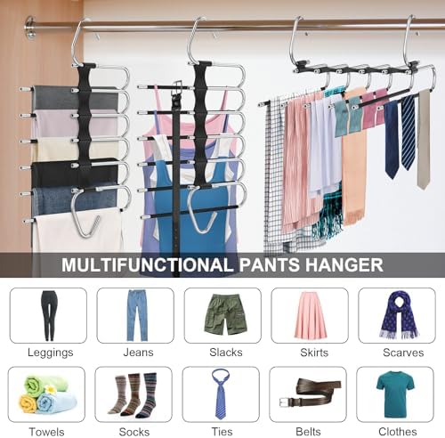 6 Layers Pants Hangers Space Saving Non-Slip Closet Organizer 2 Pack | Metal Space Saving Hangers Multi-Layer Multifunctional Rack Closet Organizers and Storage for Skirts Jeans Trousers(Black) - Image 3