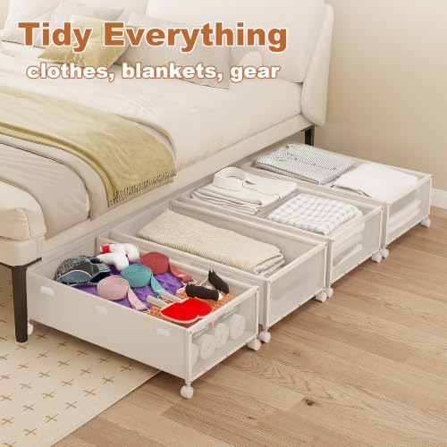 Fokyfok 2Pack Under Bed Storage Containers,10 inch Height,31 inch Long | Under Bed Shoe Storage,Underbed Storage with Wheels,Large Rolling under bed Clothes Storage Drawers,Lid,Dorm Tall,Ivory - Image 6