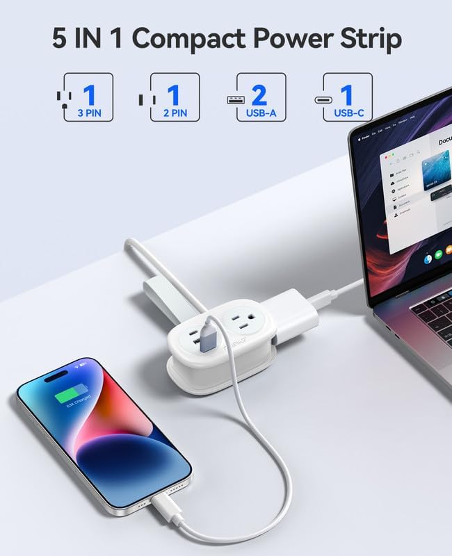 ORICO Travel Power Strip, 3.7FT Small Extension Cord, Portable Power Strip Flat Plug with 2 AC Outlets 3 USB Ports (1 USB C), Multi Plug Extension Cord for Travel, Cruise, Office, Hotels - Image 4