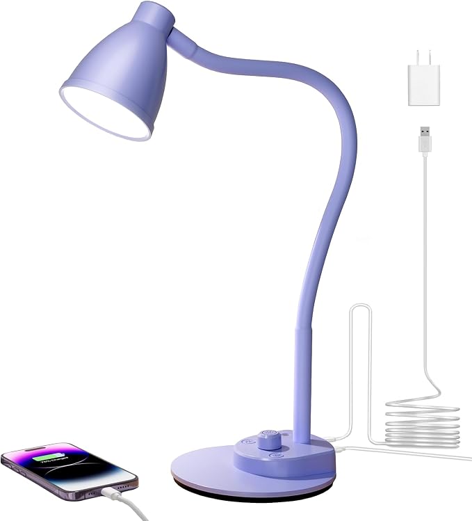 BOHON LED Desk Lamp with USB Charging Port, 3 Color Modes Dim, Lilac Purple | Reading Lamp, Auto Dimming Task Lamp, Flexible Neck Table Light for Office Dorm Bedside, Adapter Include by BOHON