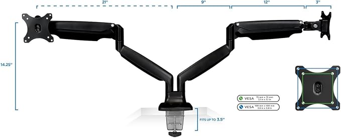 Mount-It! Dual Monitor Arm Mount | Desk Stand | Two Articulating Gas Spring Height Adjustable Arms | Fits 2 x 24 27 29 30 32 Inch VESA 75 100 Compatible Screens | C-Clamp and Grommet Bases (Black) - Image 6