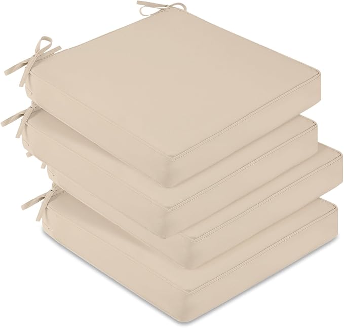 downluxe Waterproof Outdoor Chair Cushions Set of 4, 19" x 19" x 3" Patio Chair Cushion with Non-Slip Ties & Handle, Square Outdoor Cushion for Patio Furniture with Removable Cover, Beige by Downluxe