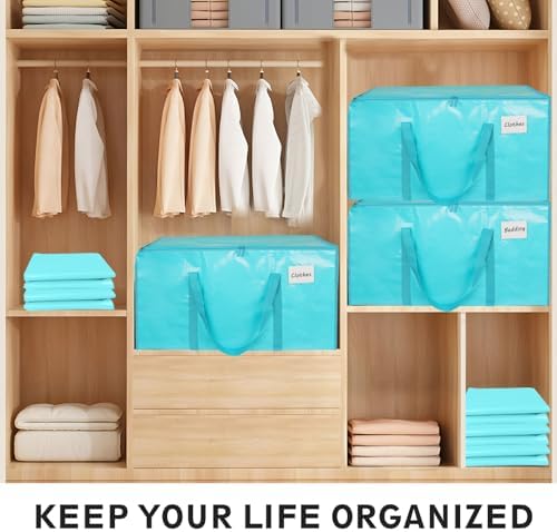 8 Pack-Extra Large Heavy Duty Moving Bags - Waterproof Storage Totes with Handles & Zippers, Foldable for College Dorm, Storage (lake blue) - Image 5