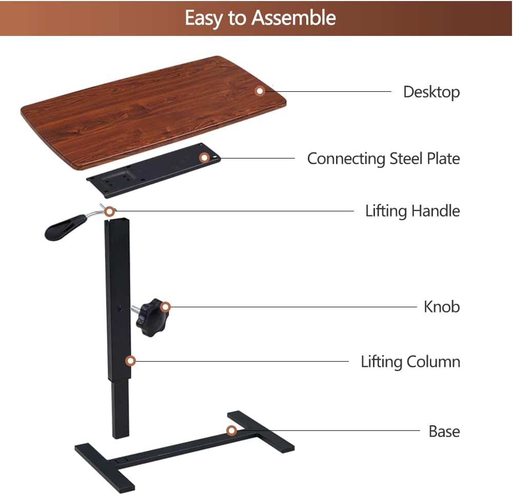 Overbed Table with Wheels & USB,Pneumatic Height Adjustable Bedside Table - Image 10