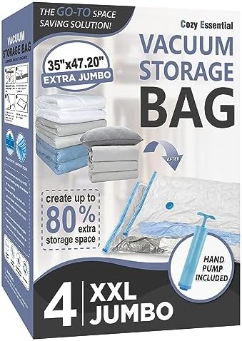 4 XXL Jumbo Vacuum Storage Bags for Bedding, Space Saver with Hand Pump | 47.2" x 35" Extra Large Vacuum Seal Bags for Bedding, Comforters, Blankets & Pillows; 80% Space-Saving Storage for Home by CozyEssential