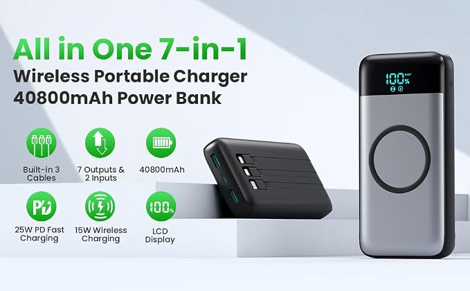 Wireless Portable Charger 40800mAh with 3 Built-in Cables,7-in-1 15W Wireless Charging Power Bank,25W PD QC 4.0 Fast Charging USB C Travel Essentials Battery Pack for iPhone 17/16/15/14,Galaxy,Android - Image 9
