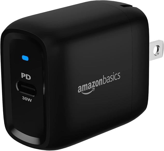 Amazon Basics 30W One-Port Foldable GaN USB-C Wall Charger with Power Delivery PD for Tablets & Phones (iPhone 16/15/14/13/12/11/X, iPad, Samsung, and More), Compact Travel Charger, Non-PPS, Black by AmazonBasics