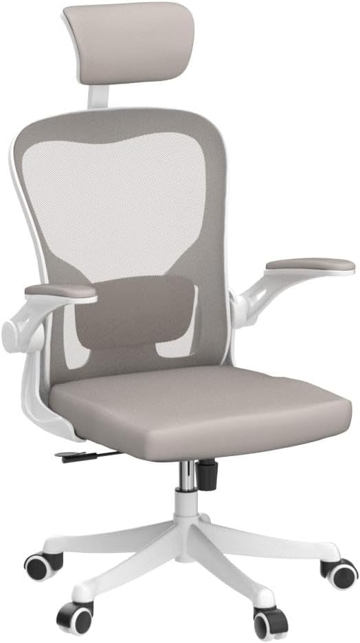 Monhey Office Chair Ergonomic Desk Chair with Lumbar Support&Headrest&Flip-up Arms Height Adjustable Rocking Swivel Computer Chair Multi-Angle from 90° to 125° with 350LBS Capacity (02White+Khaki) - Image 4
