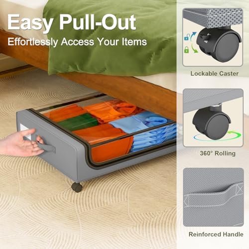 GoMaihe Under Bed Storage with Wheels: 48L Underbed Storage Containers with Lids - Rolling Bins for Shoes Clothes in Dorm Bedroom - Metal Drawers Easy Pull-out Grey 4-Pack - Image 2