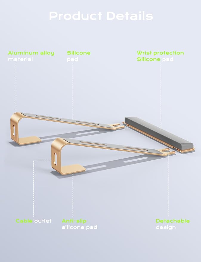 JCZT Aluminum Laptop Stand, Laptop Riser with Wrist Rest, Gold | Ergonomic Detachable Portable Laptop Stand for Desk, Notebook Holder Compatible with MacBook Air Pro, All 10-17'' Laptops - Image 7
