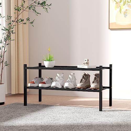 ROMGUAR CRAFT 2 Tier Bamboo Shoe Rack for Closet Free Standing Wood Shoe Shelf for Entryway Small Space Stackable 27"x11"x13" (Black) - Image 2