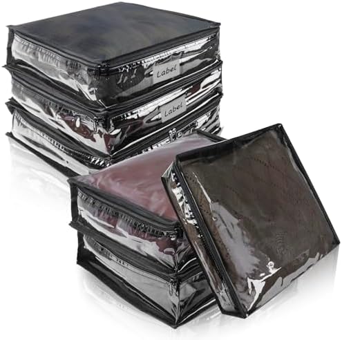 Clear Zippered Plastic Clothes Storage Bags, 6 Pack, Black | Clear Storage Bags with Zipper Plastic Storage Bags for Clothes Sweaters Blankets Sheets, Size: 10.5 x 10.5 x 2.5 Inch by Heonay