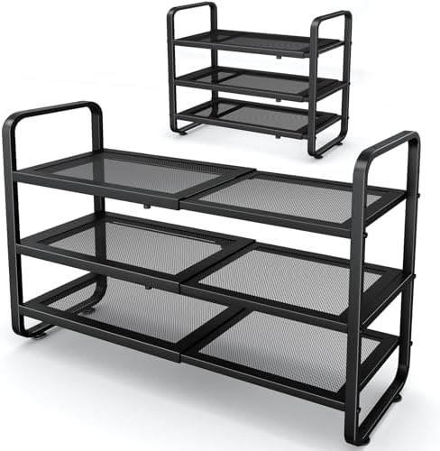 Expandable Metal Shoe Rack for Closet, Entryway & Garage, 3-Tier, Black | Adjustable Height for Boots, Stackable Design, Dense Mesh Shelves for Heels, Fits Small Spaces, Apartments and Rentals by SNTD
