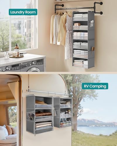 SONGMICS Widened Hanging Closet Organizer, 6-Tier, Separable，2 Pack | Foldable,Fabric Storage Shelf with 4 Side Pockets, Metal Hooks and Bamboo Inserts, Dove Gray, TINA Collection URCH008G01 - Image 6