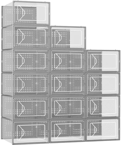 Foluck Shoe Storage Box, 15 Pack Clear Plastic Stackable Organizer for Closet, Interlocking Design Shoes Container Bins for Sneakers, Foldable Shoe Rack with Lids, Grey by Foluck