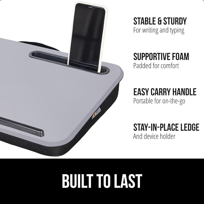 GORILLA GRIP Laptop Lap Desk with Phone Holder, Pillow Cushion Desks Fit Laptops up to 15.6", Tray Ledge Keep Computers in Place, Portable Travel Workstation Essentials for Home, Dorm Room, Gray - Image 2