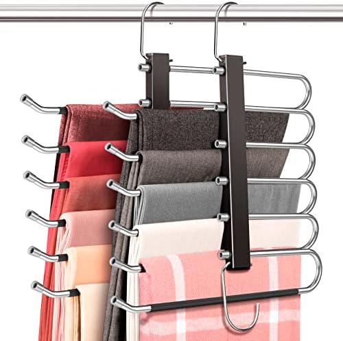 HUITEM Space Saving 6 Tier Pant Hangers, Anti-Slip, Stainless Steel, 2 Pack, Black by HUITEM