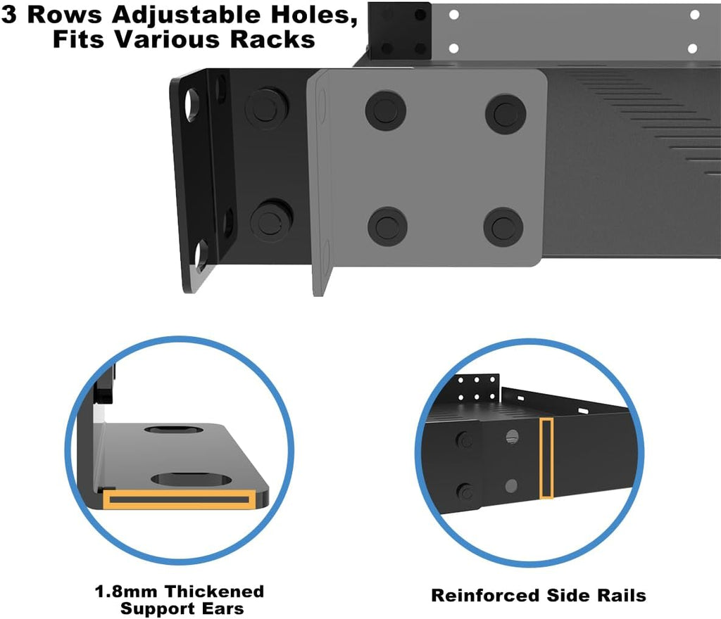 1U Vented Rack Shelf 8" Deep 44 lbs Capacity No Front Lip - Image 7