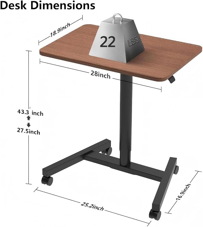 28-Inch Mobile Standing Desk, Adjustable Computer Desk, Portable Standing Desk with Lockable Wheels, Rolling Table for Home Office Classroom Hospital (Walnut) - Image 9