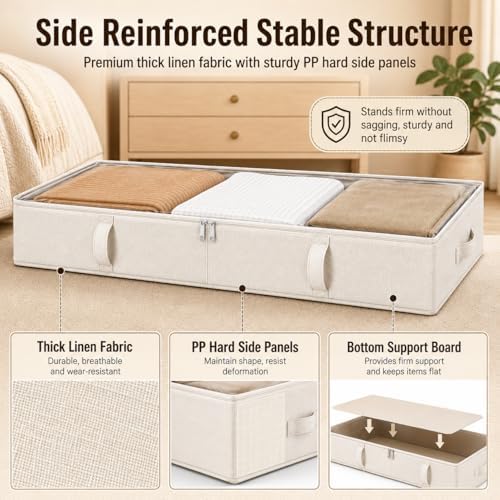 Vailando Side-Supported Under Bed Storage Containers, 6 Inches Tall 60L Underbed Storage Bins with Sturdy Handles and Sidewalls, Closet Organizer for Clothes, Blankets, Seasonal Items, Beige, 2-Pack | Underbed Storage Bin with Sturdy Handles and Sidewa... - Image 4