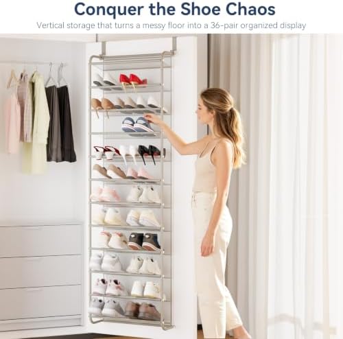 Whitmor 36 Pair Over the Door Shoe Rack,12 Tier Hanging Shoe Organizer with Metal Frame & Mesh Shelves, Heavy Duty Shoe Storage Holder for Door, No Drill Installation, 74" H x 21.7" W x 7.5" D, Mocha - Image 3