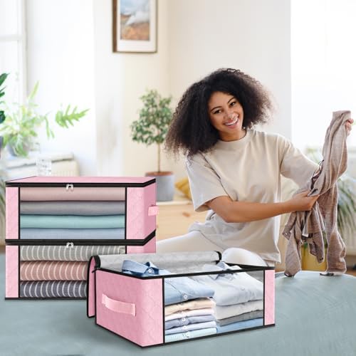 HomeHacks 4-Pack Clothes Organizer Storage Bags, 35L Storage Bins, Pink | Foldable Storage Box Container with Zippers, Clear Window, Reinforced Handles for Closet, Dorm, Pillows, Bedding, Sweater - Image 7