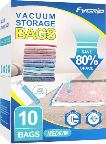 Fygrip 80% Space Saver Vacuum Storage Bags with Hand Pump, 10 Medium | Plastic Packaging Bags, Vacuum Seal Bags for Clothing, Travel Lugggage, Blankets, Comforters by Fygrip