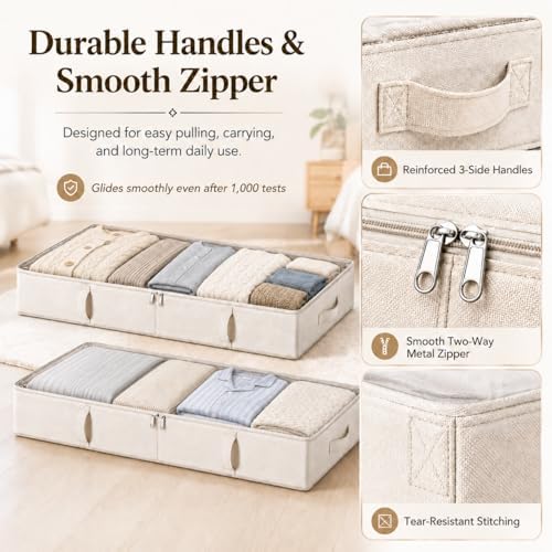 Vailando Side-Supported Under Bed Storage Containers, 6 Inches Tall 60L Underbed Storage Bins with Sturdy Handles and Sidewalls, Closet Organizer for Clothes, Blankets, Seasonal Items, Beige, 2-Pack | Underbed Storage Bin with Sturdy Handles and Sidewa... - Image 6