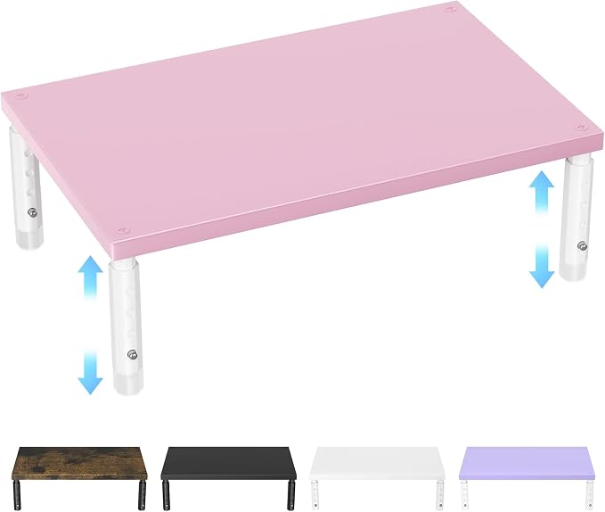 ECOLOVI Adjustable Wood Computer Monitor Stand Riser, Office Desk Organizer and Accessories for Monitor, Laptop, PC, Printer, Office Desk Accessories Workspace Organizer for Home Office Supplies, Pink by ECOLOVI