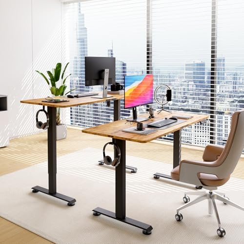 Veken 63 Inch Electric Standing Desk, Height Adjustable Sit Stand Up, Wood Desktop, Work Home Office Computer PC Table, Tall Standup Workstation, Gaming Writing Study Bedroom Rising Desks, Brown - Image 3