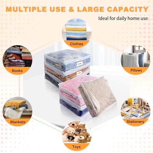 Clear Zippered Plastic Clothes Storage Bags, 6 Pack, White | Clear Storage Bags with Zipper Plastic Storage Bags for Clothes Sweaters Blankets Sheets, Size: 12 x 12 x 4 Inch - Image 4