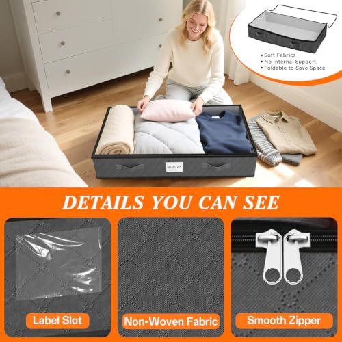 90L Under Bed Storage Containers, Storage Bags, Organizers, 4-Pack, Gray | Foldable, Soft Fabric, Closet Organizers, Reinforced Handle, Label Holder, Clear Window, for Comforters, Clothing, Blankets - Image 4