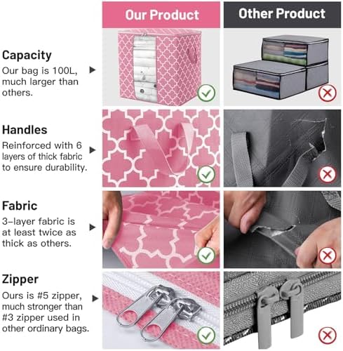 Storage Bags 4 Pack 100L Clothes Organization and Storage Containers | Large Blanket for Comforters,Bedding, Foldable Organizer with Reinforced Handle, Clear Window, Sturdy Zippers, Pink - Image 4