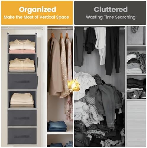 Hanging Closet Organizer 6-Shelf with 3 Drawers & Side Pockets, Closet Organizers and Storage for Dorm, Nursery & Wardrobe Organization, Hanging Shelf Clothes Organizer for Sweaters, Shoes, Gray - Image 6