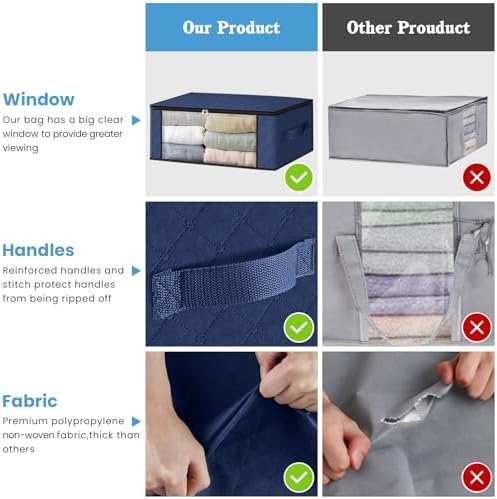 HomeHacks 8-Pack Clothes Organizer Storage Bags, 35L Storage Bins, Blue | Foldable Storage Box Container with Zippers, Clear Window, Reinforced Handles for Closet, Dorm, Pillows, Bedding, Sweater - Image 5