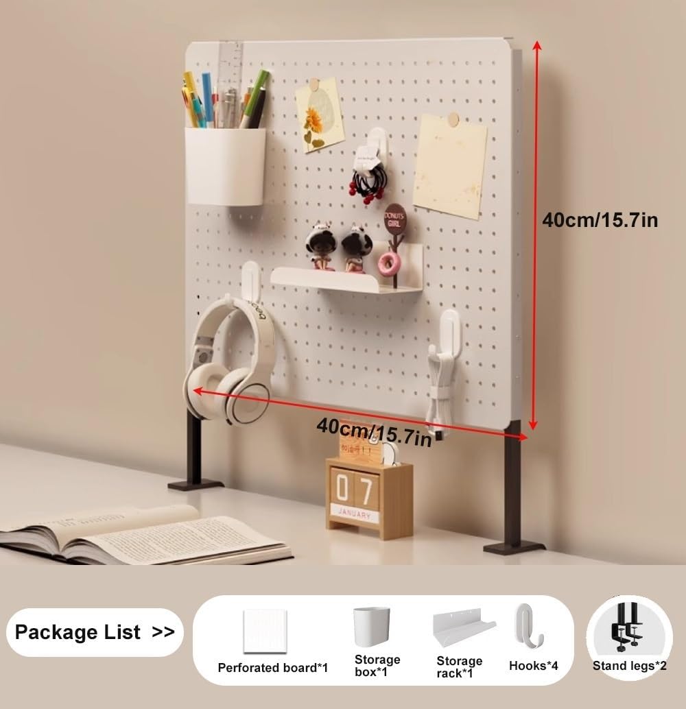Clamp-on Desk Pegboard, Carbon Steel Desktop Pegboard Organizer with 4 Hooks, Standing Peg Board for Home Office, Desk Organizer Desk Accessories, No-Drill(15.7x15.7in) - Image 2
