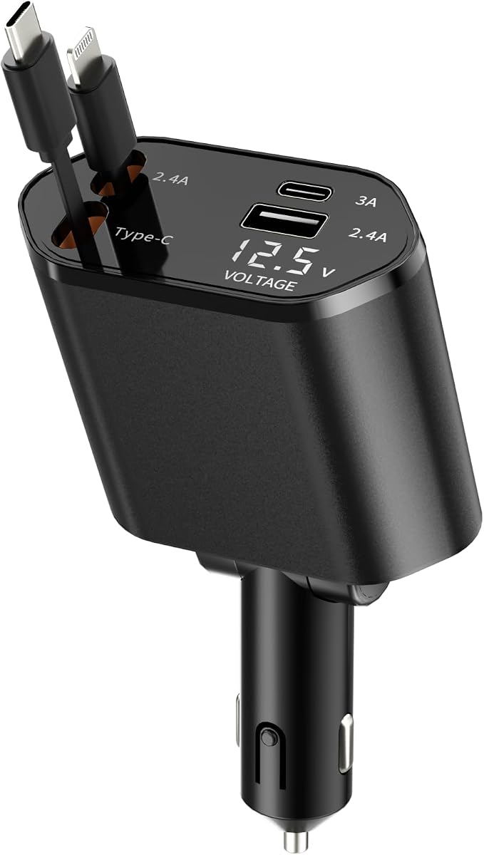 BERTHALESS for Dad Retractable Car Charger, 4 in 1 Fast Charging with USB-C & USB-A, Compatible with iPhone 17/16/15/14/13/12/11,Galaxy,Pixel,Samsung, Anniversary Birthday Gifts for Men Women,Black by BERTHALESS