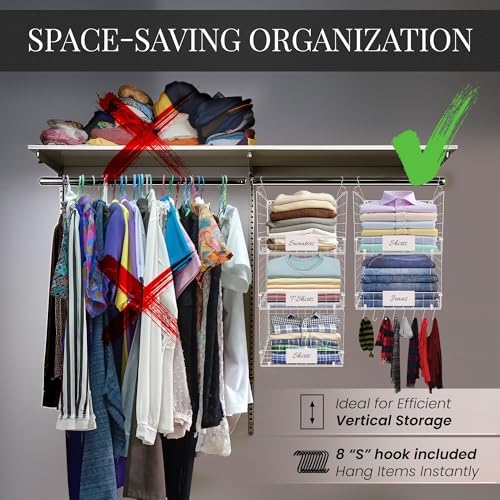 DECOLURE 5-Tier Adjustable Hanging Closet Organizer – Maximize Hanging Storage w/ 4 Hanging Hooks, 8 S Hooks & 5 Name Plates - Sturdy Foldable Wire Storage Hanging Shelves for Clothes, Towels (White) - Image 3