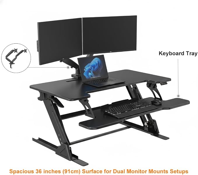 Standing Desk Converter 36 x 24 Inches - Height Adjustable Sit to Stand Riser with Keyboard Tray, Ergonomic Computer Workstation for Music Studio, Home Office, Black - Image 6
