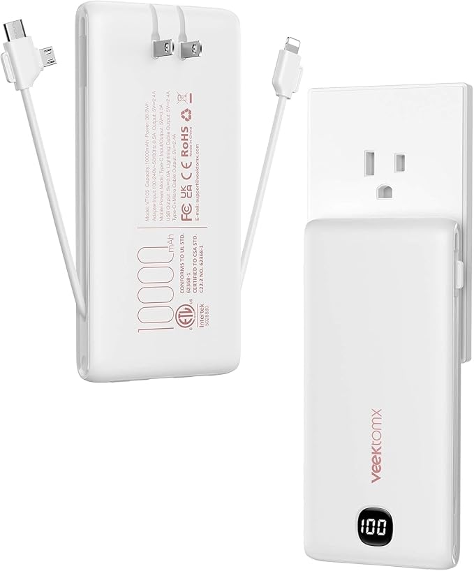 VEEKTOMX 10000mAh Portable Charger with Built-in Cables & Wall Plug | Fast Charging Slim USB-C Power Bank for iPhone, Samsung, iPad | 5 Outputs, Charges 4 Devices | Travel Ready, ETL Certified by VEEKTOMX