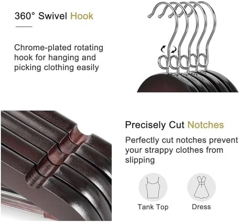 TOPIA HANGER Cherry Wood Hangers 30 Pack, Space Saving Coat Hanger with 360° Swivel Cascading Loop Hook, Non Slip Pants Bar and Shoulder Notches for Camisole, Jacket, Suit (Mahogany) -CT74M30 - Image 3