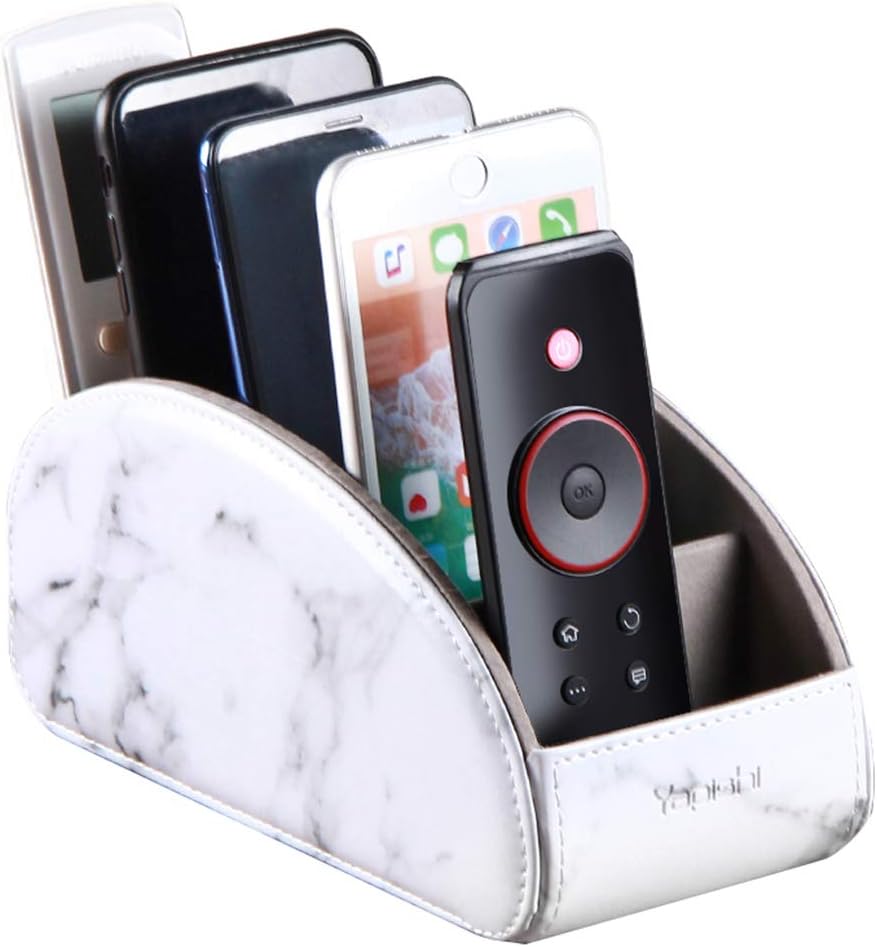 All-in-One Leather White TV Remote Holder with 5 Compartments by YAPISHI
