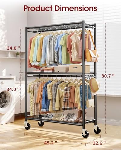 Sakugi Clothes Rack - Double Hanging Rod Clothing Rack with Wheels & Leveling Feet, Large Capacity Wardrobe Closet with Shelves for Bedroom, Laundry Room, Entryway, 45.2" x 12.6" x 80.7", Black - Image 2
