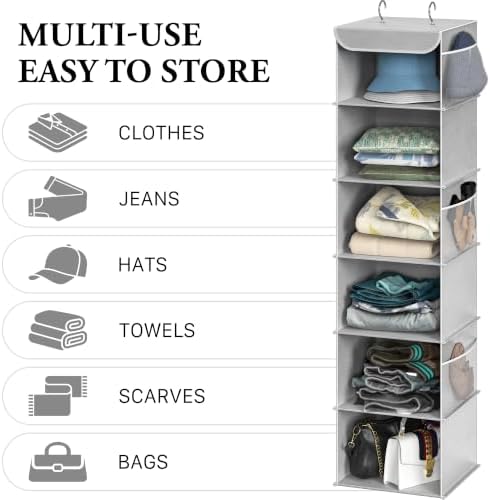 Simple Houseware 6 Shelf Hanging Closet Organizer, Gray | 360° Rotating Dual Hooks, Top Support Metal Frame, 6 Side Mesh Pockets - Image 5